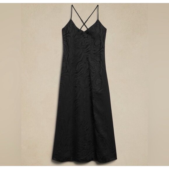 Banana Republic Jacquard A-line Maxi Slip Dress Black Sleeveless Adjustable Sz M - Picture 4 of 12